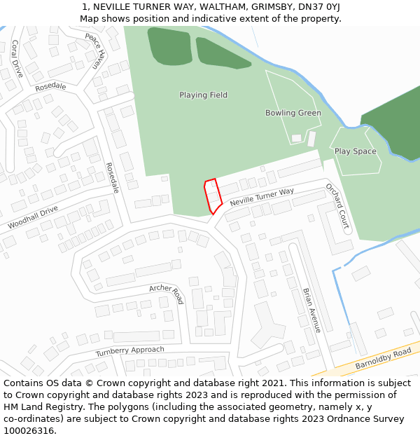 1, NEVILLE TURNER WAY, WALTHAM, GRIMSBY, DN37 0YJ: Location map and indicative extent of plot