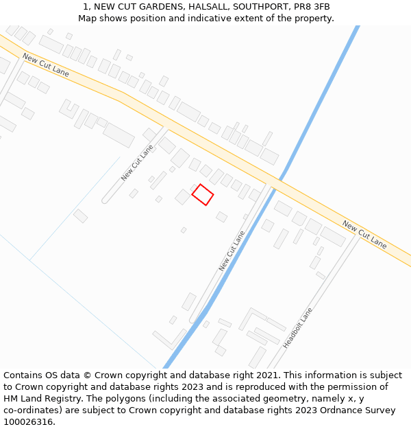 1, NEW CUT GARDENS, HALSALL, SOUTHPORT, PR8 3FB: Location map and indicative extent of plot