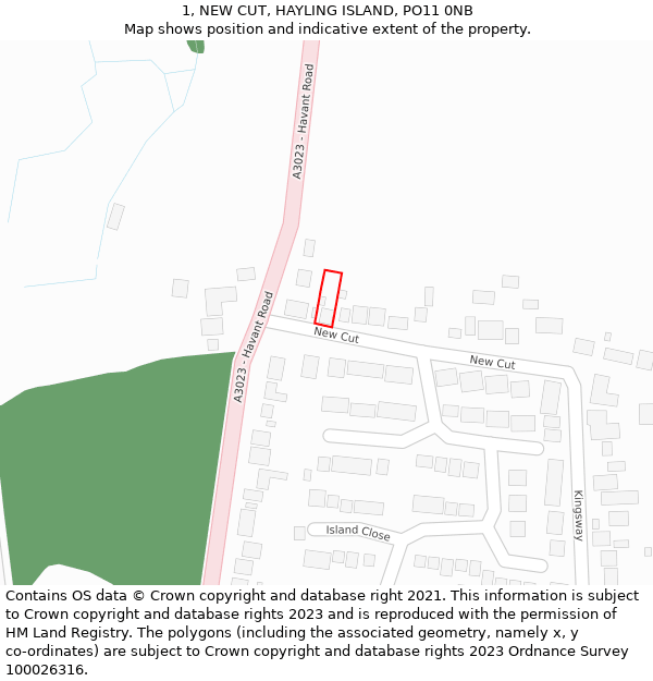 1, NEW CUT, HAYLING ISLAND, PO11 0NB: Location map and indicative extent of plot