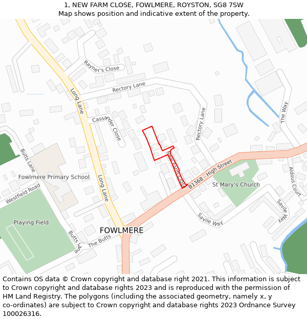 1, NEW FARM CLOSE, FOWLMERE, ROYSTON, SG8 7SW: Location map and indicative extent of plot