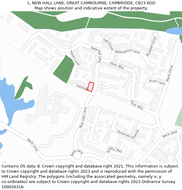 1, NEW HALL LANE, GREAT CAMBOURNE, CAMBRIDGE, CB23 6GD: Location map and indicative extent of plot