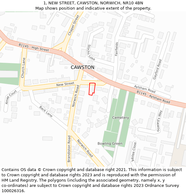 1, NEW STREET, CAWSTON, NORWICH, NR10 4BN: Location map and indicative extent of plot