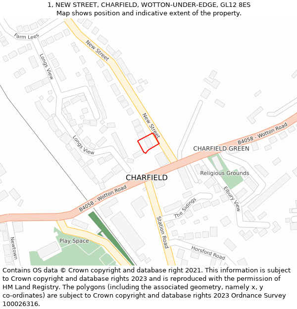 1, NEW STREET, CHARFIELD, WOTTON-UNDER-EDGE, GL12 8ES: Location map and indicative extent of plot