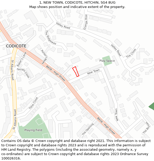 1, NEW TOWN, CODICOTE, HITCHIN, SG4 8UG: Location map and indicative extent of plot