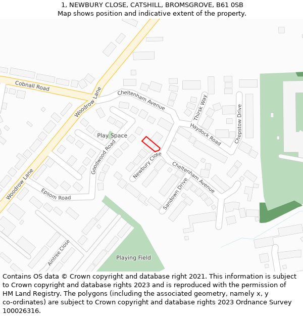 1, NEWBURY CLOSE, CATSHILL, BROMSGROVE, B61 0SB: Location map and indicative extent of plot