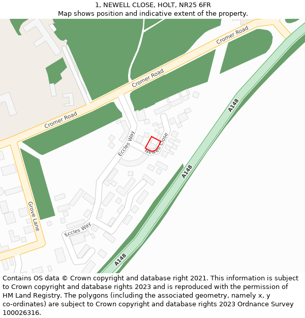 1, NEWELL CLOSE, HOLT, NR25 6FR: Location map and indicative extent of plot