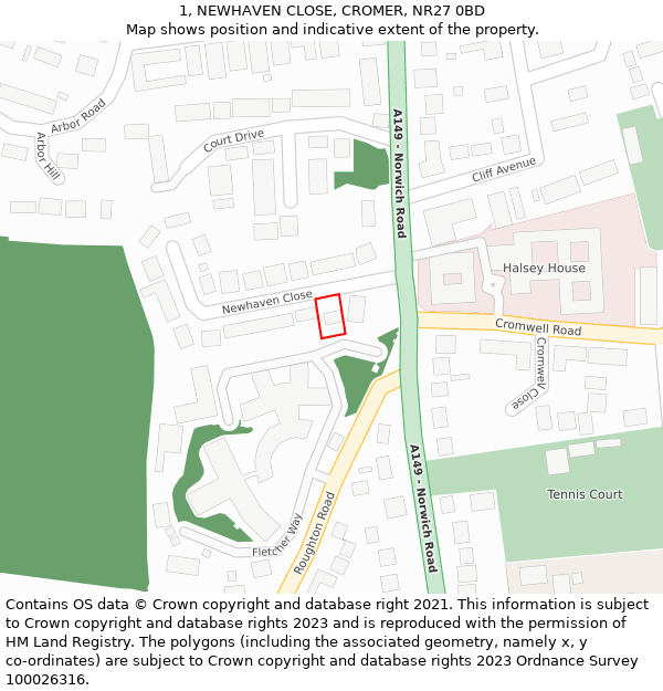 1, NEWHAVEN CLOSE, CROMER, NR27 0BD: Location map and indicative extent of plot