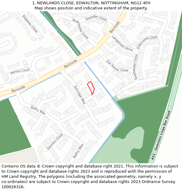 1, NEWLANDS CLOSE, EDWALTON, NOTTINGHAM, NG12 4FH: Location map and indicative extent of plot