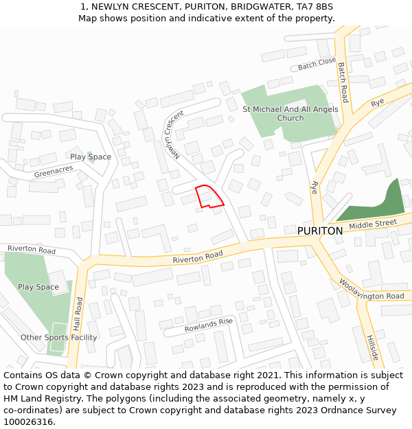 1, NEWLYN CRESCENT, PURITON, BRIDGWATER, TA7 8BS: Location map and indicative extent of plot