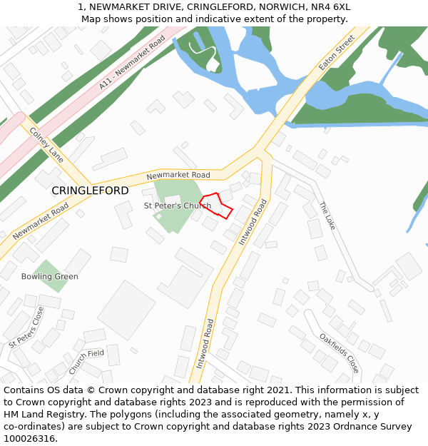 1, NEWMARKET DRIVE, CRINGLEFORD, NORWICH, NR4 6XL: Location map and indicative extent of plot