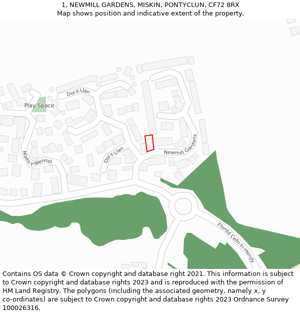 1, NEWMILL GARDENS, MISKIN, PONTYCLUN, CF72 8RX: Location map and indicative extent of plot