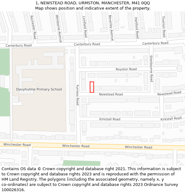 1, NEWSTEAD ROAD, URMSTON, MANCHESTER, M41 0QQ: Location map and indicative extent of plot