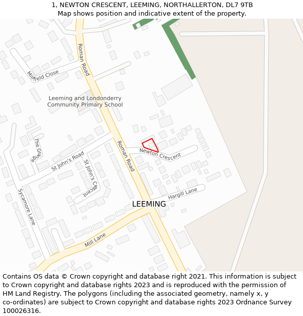 1, NEWTON CRESCENT, LEEMING, NORTHALLERTON, DL7 9TB: Location map and indicative extent of plot