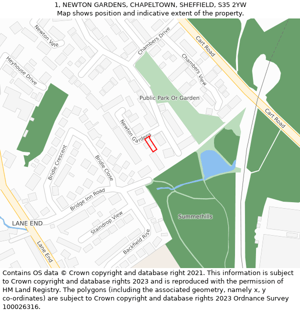 1, NEWTON GARDENS, CHAPELTOWN, SHEFFIELD, S35 2YW: Location map and indicative extent of plot