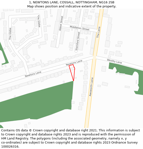 1, NEWTONS LANE, COSSALL, NOTTINGHAM, NG16 2SB: Location map and indicative extent of plot