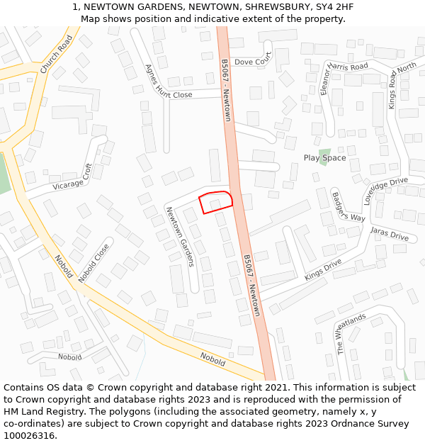 1, NEWTOWN GARDENS, NEWTOWN, SHREWSBURY, SY4 2HF: Location map and indicative extent of plot