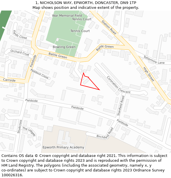 1, NICHOLSON WAY, EPWORTH, DONCASTER, DN9 1TP: Location map and indicative extent of plot