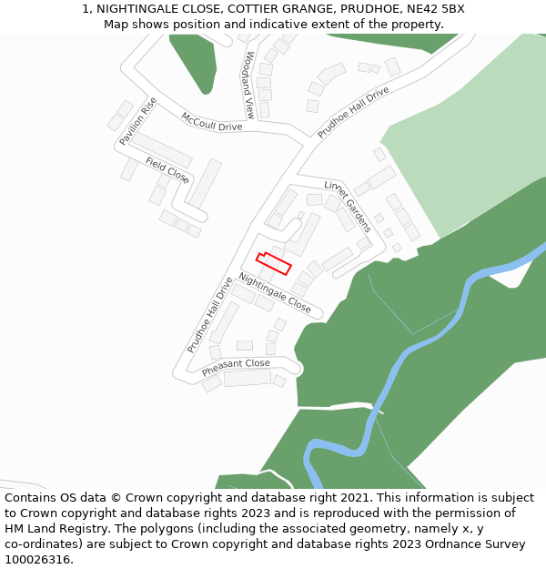 1, NIGHTINGALE CLOSE, COTTIER GRANGE, PRUDHOE, NE42 5BX: Location map and indicative extent of plot