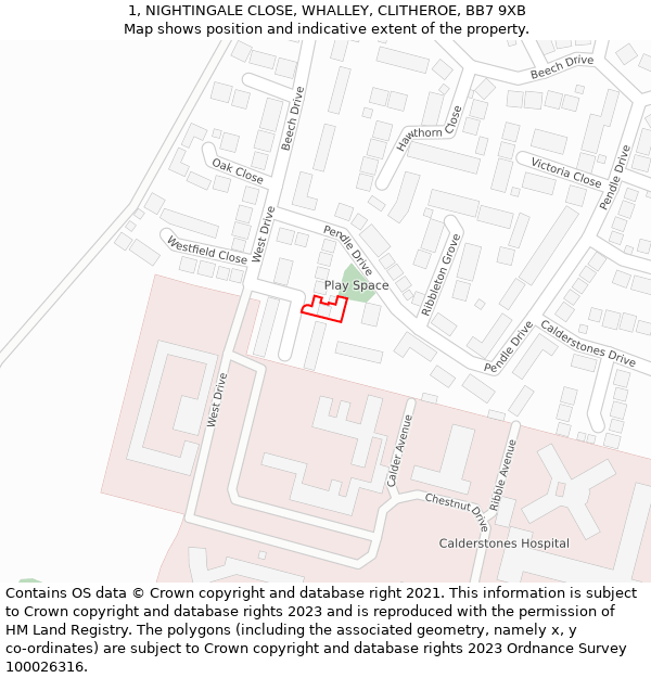 1, NIGHTINGALE CLOSE, WHALLEY, CLITHEROE, BB7 9XB: Location map and indicative extent of plot