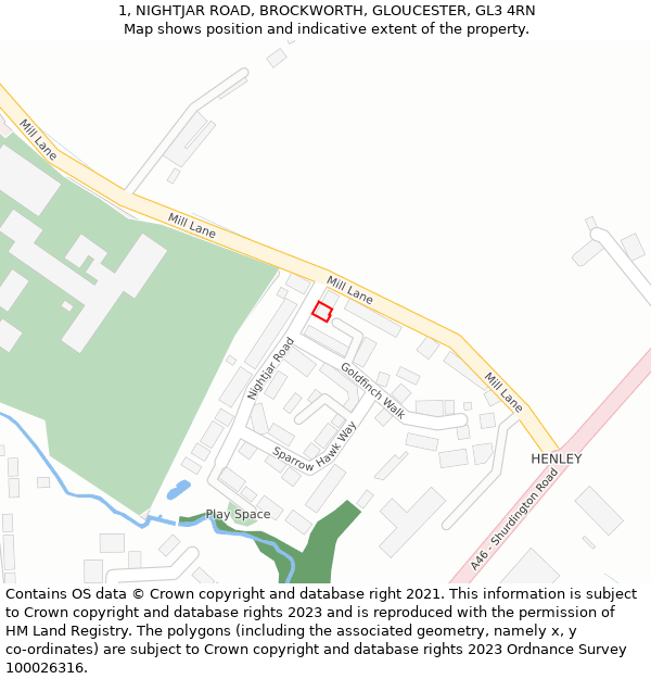 1, NIGHTJAR ROAD, BROCKWORTH, GLOUCESTER, GL3 4RN: Location map and indicative extent of plot