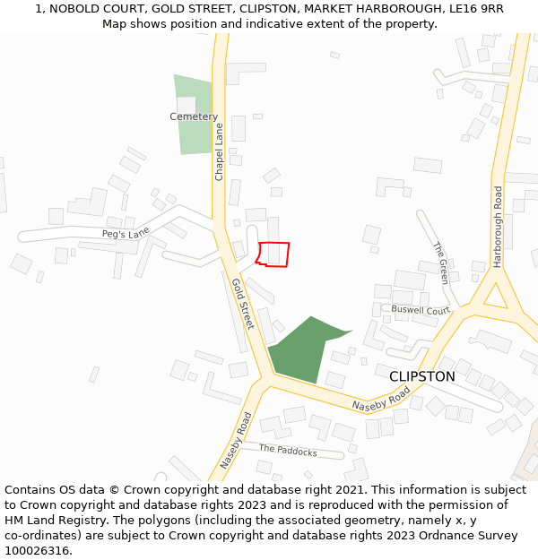1, NOBOLD COURT, GOLD STREET, CLIPSTON, MARKET HARBOROUGH, LE16 9RR: Location map and indicative extent of plot