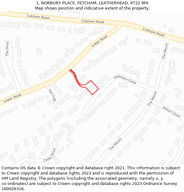 1, NORBURY PLACE, FETCHAM, LEATHERHEAD, KT22 9FA: Location map and indicative extent of plot