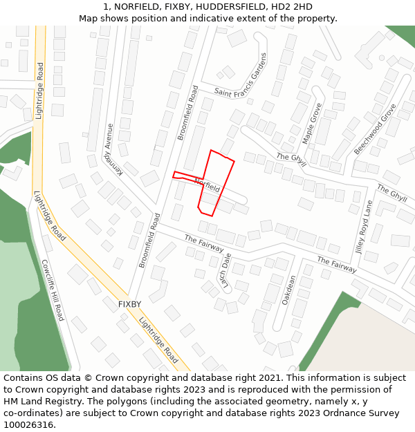 1, NORFIELD, FIXBY, HUDDERSFIELD, HD2 2HD: Location map and indicative extent of plot