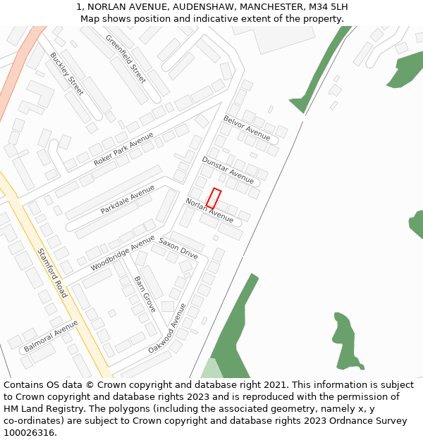 1, NORLAN AVENUE, AUDENSHAW, MANCHESTER, M34 5LH: Location map and indicative extent of plot