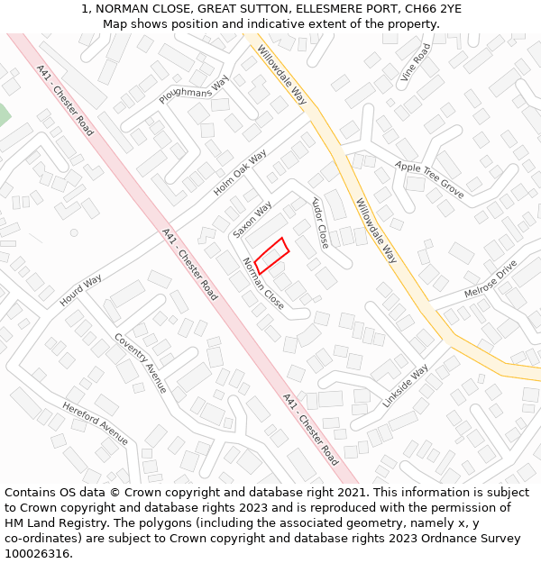 1, NORMAN CLOSE, GREAT SUTTON, ELLESMERE PORT, CH66 2YE: Location map and indicative extent of plot