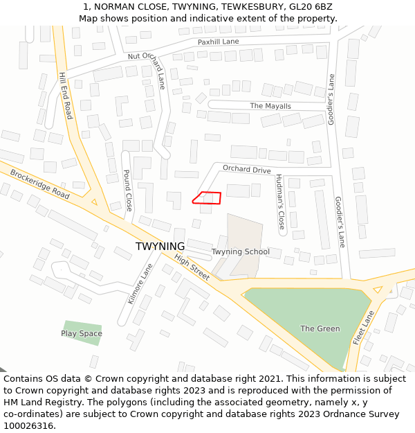 1, NORMAN CLOSE, TWYNING, TEWKESBURY, GL20 6BZ: Location map and indicative extent of plot