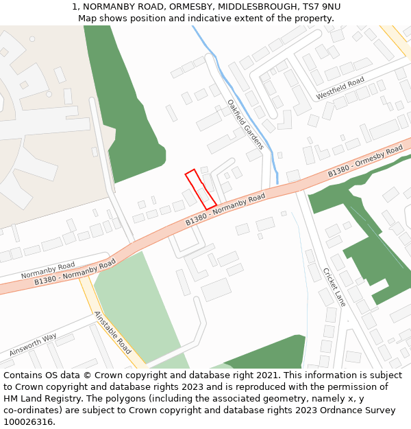1, NORMANBY ROAD, ORMESBY, MIDDLESBROUGH, TS7 9NU: Location map and indicative extent of plot