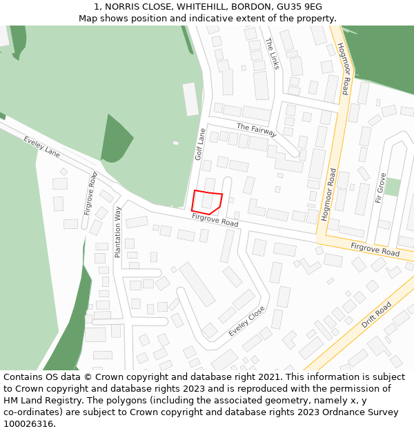 1, NORRIS CLOSE, WHITEHILL, BORDON, GU35 9EG: Location map and indicative extent of plot