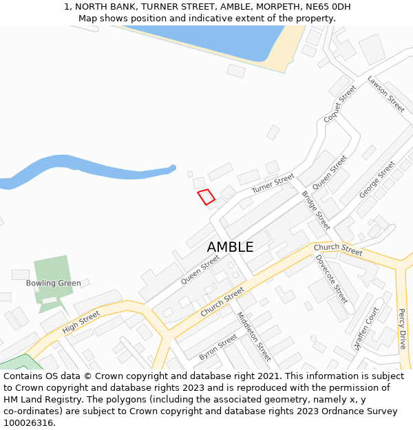 1, NORTH BANK, TURNER STREET, AMBLE, MORPETH, NE65 0DH: Location map and indicative extent of plot