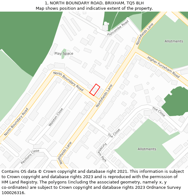 1, NORTH BOUNDARY ROAD, BRIXHAM, TQ5 8LH: Location map and indicative extent of plot