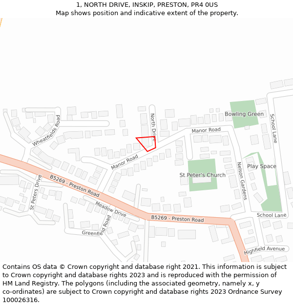 1, NORTH DRIVE, INSKIP, PRESTON, PR4 0US: Location map and indicative extent of plot