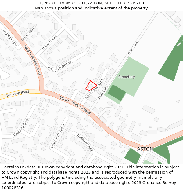 1, NORTH FARM COURT, ASTON, SHEFFIELD, S26 2EU: Location map and indicative extent of plot