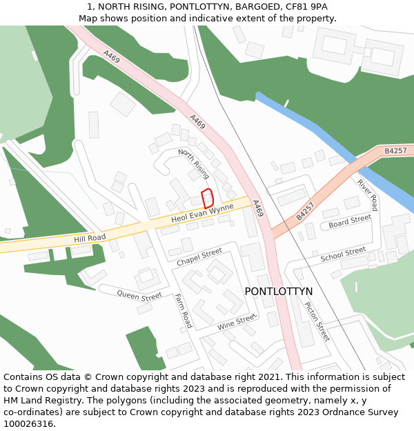 1, NORTH RISING, PONTLOTTYN, BARGOED, CF81 9PA: Location map and indicative extent of plot