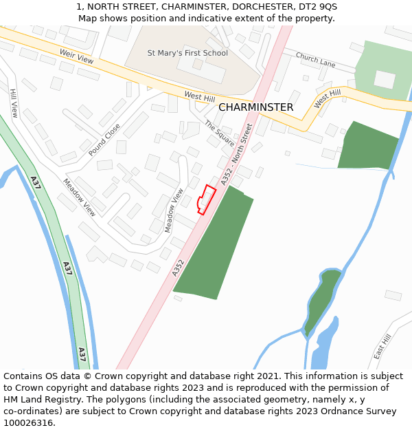 1, NORTH STREET, CHARMINSTER, DORCHESTER, DT2 9QS: Location map and indicative extent of plot