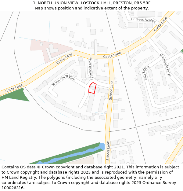 1, NORTH UNION VIEW, LOSTOCK HALL, PRESTON, PR5 5RF: Location map and indicative extent of plot