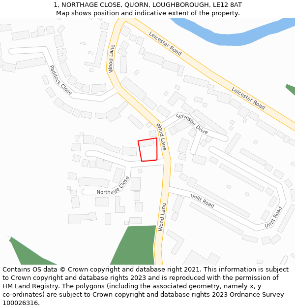 1, NORTHAGE CLOSE, QUORN, LOUGHBOROUGH, LE12 8AT: Location map and indicative extent of plot