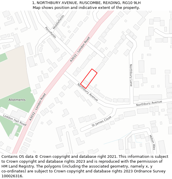 1, NORTHBURY AVENUE, RUSCOMBE, READING, RG10 9LH: Location map and indicative extent of plot