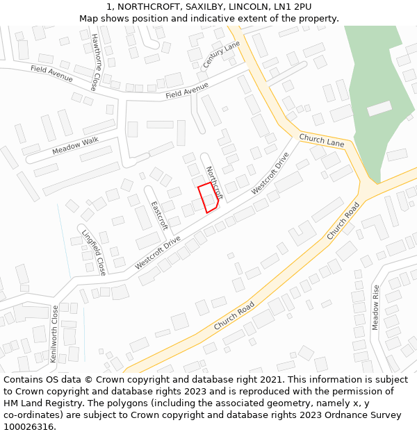 1, NORTHCROFT, SAXILBY, LINCOLN, LN1 2PU: Location map and indicative extent of plot