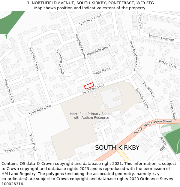 1, NORTHFIELD AVENUE, SOUTH KIRKBY, PONTEFRACT, WF9 3TG: Location map and indicative extent of plot