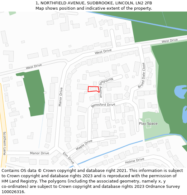 1, NORTHFIELD AVENUE, SUDBROOKE, LINCOLN, LN2 2FB: Location map and indicative extent of plot