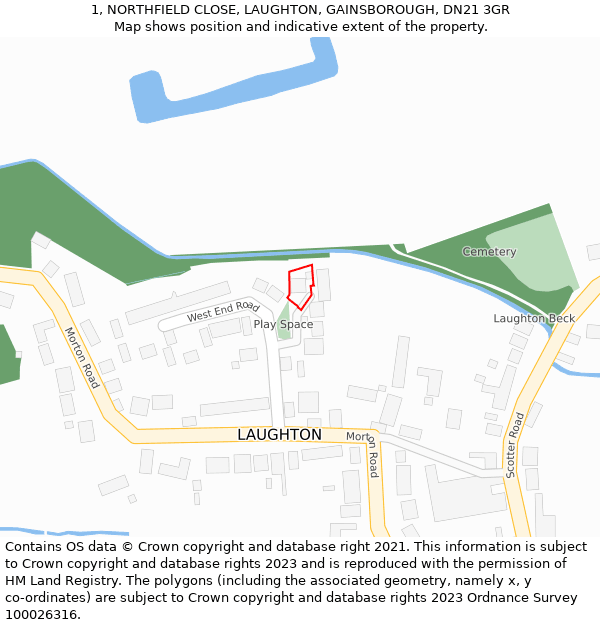 1, NORTHFIELD CLOSE, LAUGHTON, GAINSBOROUGH, DN21 3GR: Location map and indicative extent of plot