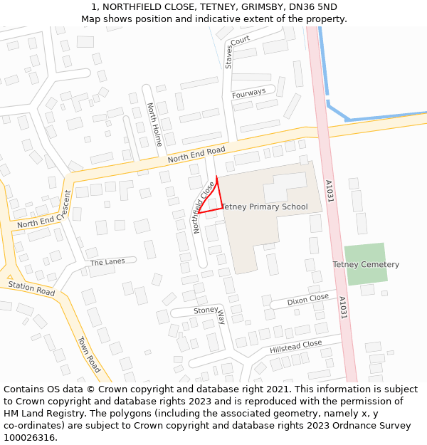 1, NORTHFIELD CLOSE, TETNEY, GRIMSBY, DN36 5ND: Location map and indicative extent of plot