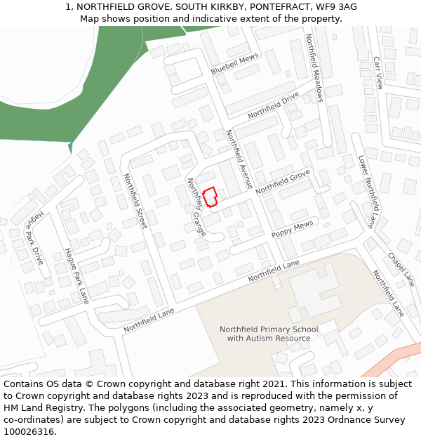 1, NORTHFIELD GROVE, SOUTH KIRKBY, PONTEFRACT, WF9 3AG: Location map and indicative extent of plot