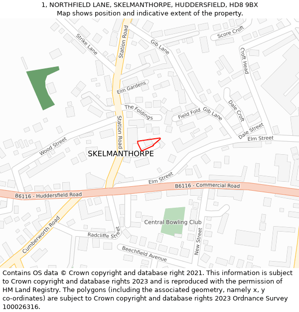 1, NORTHFIELD LANE, SKELMANTHORPE, HUDDERSFIELD, HD8 9BX: Location map and indicative extent of plot