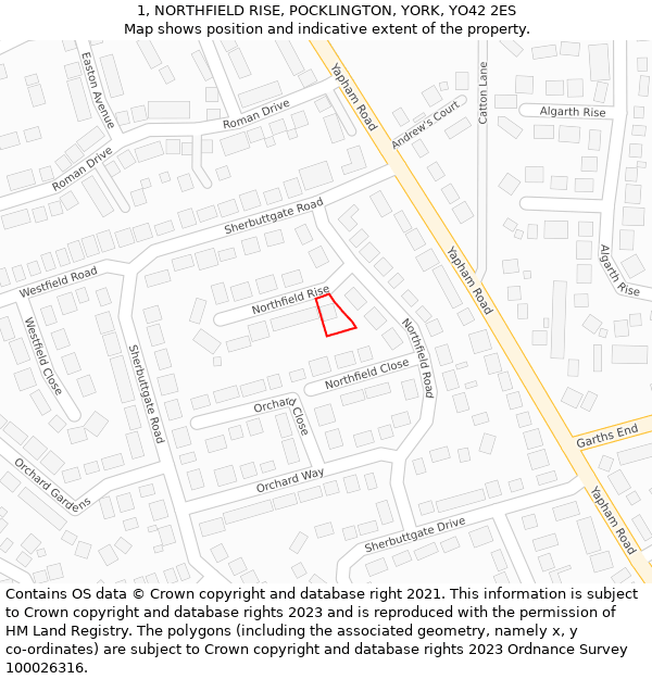 1, NORTHFIELD RISE, POCKLINGTON, YORK, YO42 2ES: Location map and indicative extent of plot