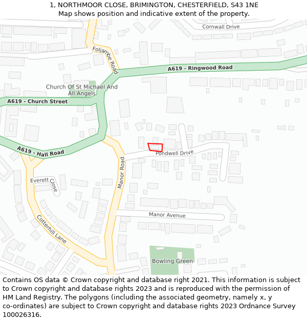 1, NORTHMOOR CLOSE, BRIMINGTON, CHESTERFIELD, S43 1NE: Location map and indicative extent of plot